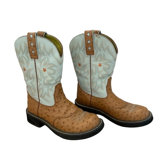 Ariat Shoes - Ariat Women’s Cowboy Boots 8.5B Ostrich Print Tan/Blue